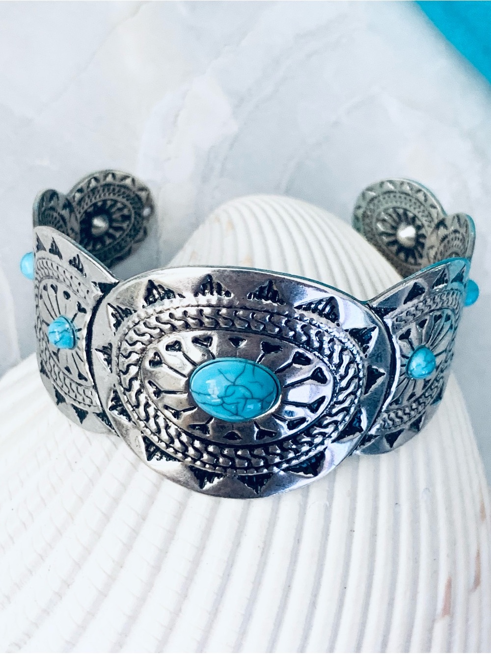 Western Style Turquoise Accent Silver-Tone Concho Cuff Bracelet